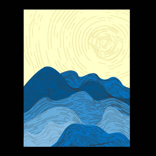 Mar aberto com as ondas e escurecer o sol no céu, illus vetor —  Vetores de Stock