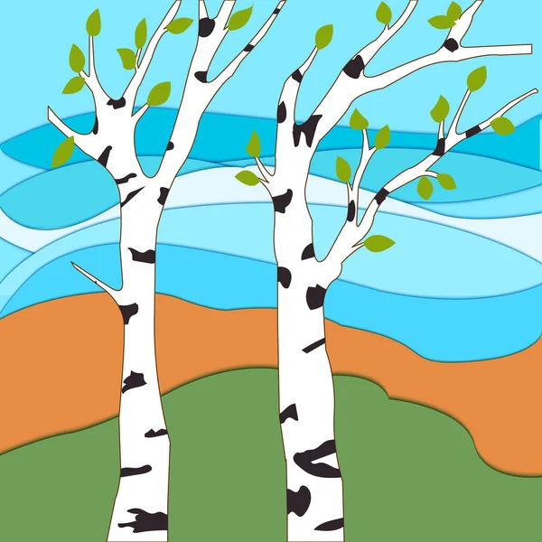Spring has come. White birch trees with young leaves, awakening — Stock Vector