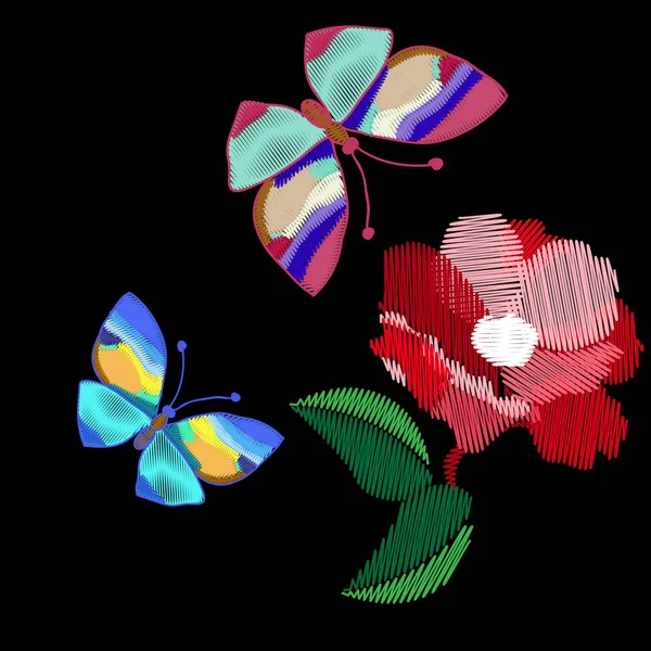 Flores de amapola bordadas y mariposas de colores para decorar c — Archivo Imágenes Vectoriales