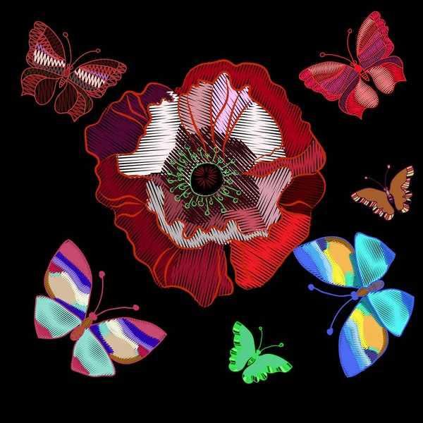 Bestickte Mohnblumen und bunte Schmetterlinge zur Dekoration — Stockvektor