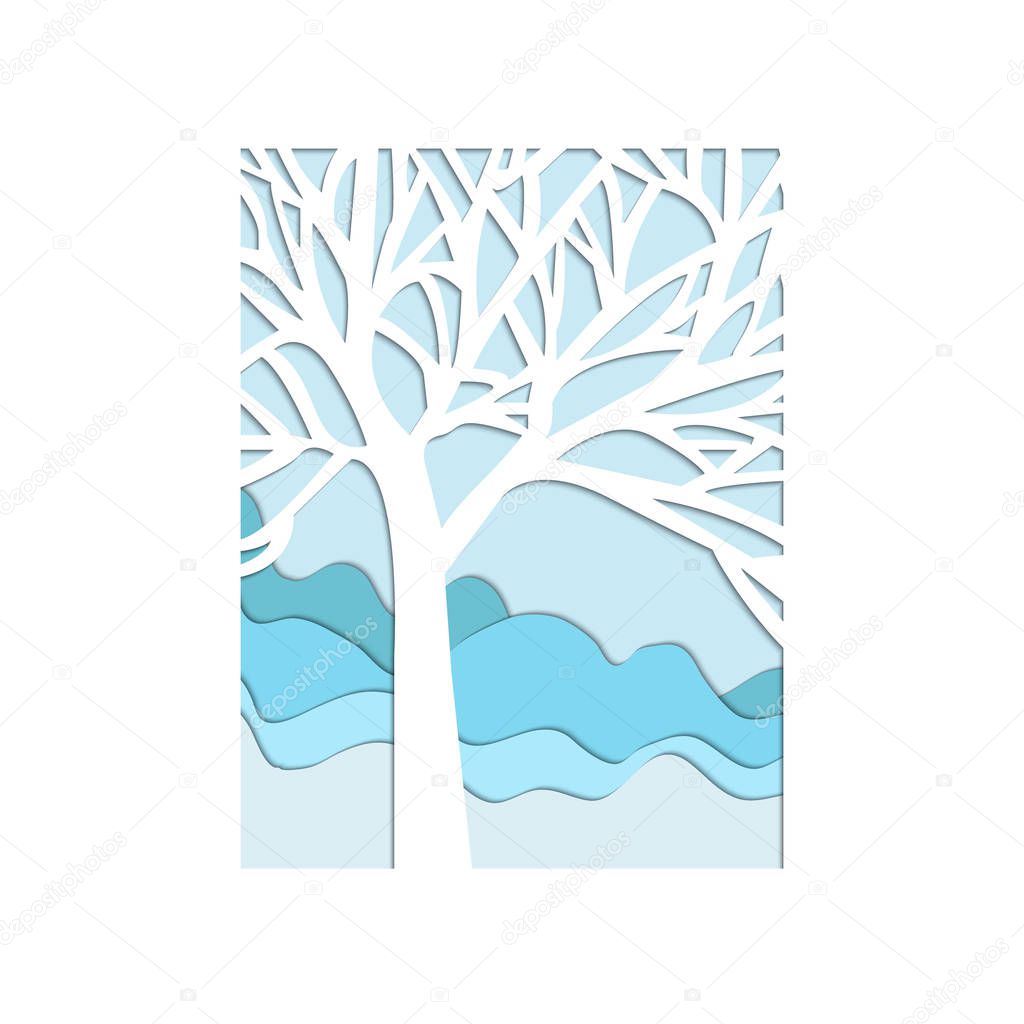 Abstract winter tree, cut from paper on background of the water 