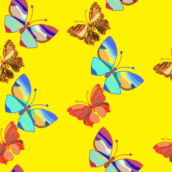 Patrón sin costuras de coloridas mariposas bordadas en un amarillo — Archivo Imágenes Vectoriales