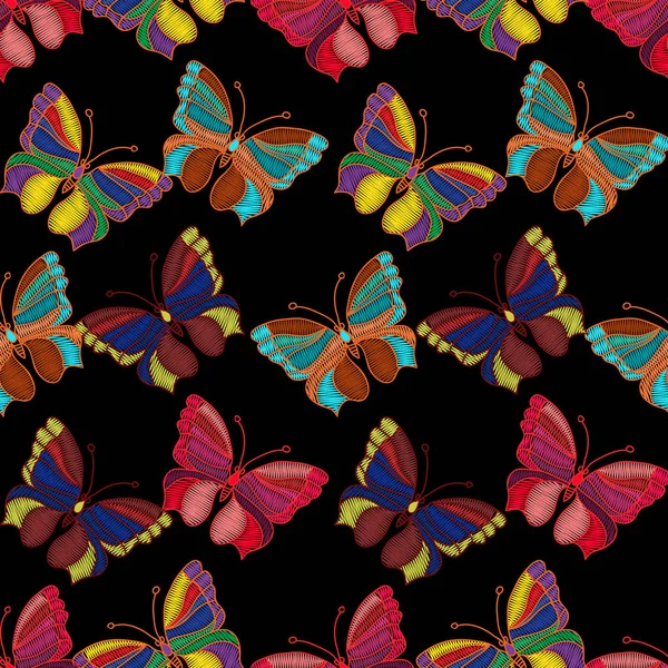 Seamless pattern of colorful embroidered butterflies on a black — Stock Vector
