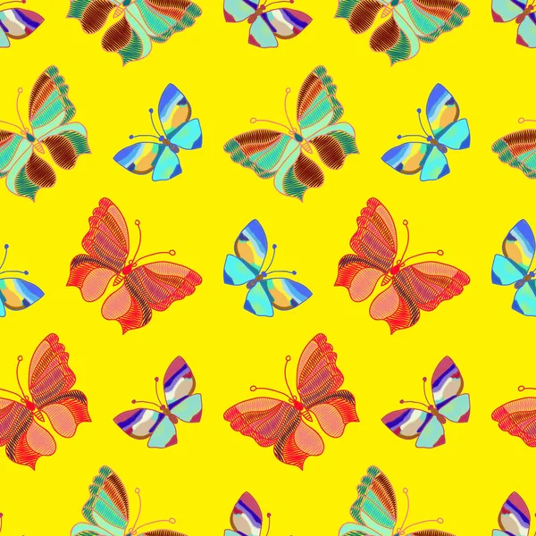 Nahtlose Muster von bunt bestickten Schmetterlingen auf einem gelben — Stockvektor