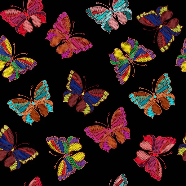 Patrón sin costuras de coloridas mariposas bordadas en un negro — Archivo Imágenes Vectoriales