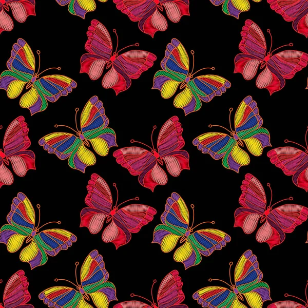 Patrón sin costuras de mariposas bordadas de colores en un backgr — Vector de stock