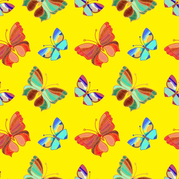 Modèle sans couture de papillons brodés colorés sur un backgr — Image vectorielle