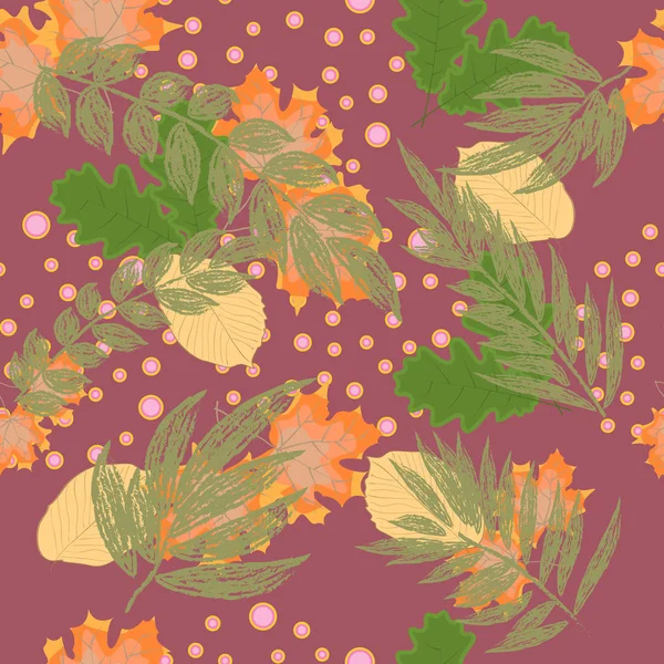 Абстрактный осенний бесшовный рисунок с листьями и элементами дизайна — стоковый вектор