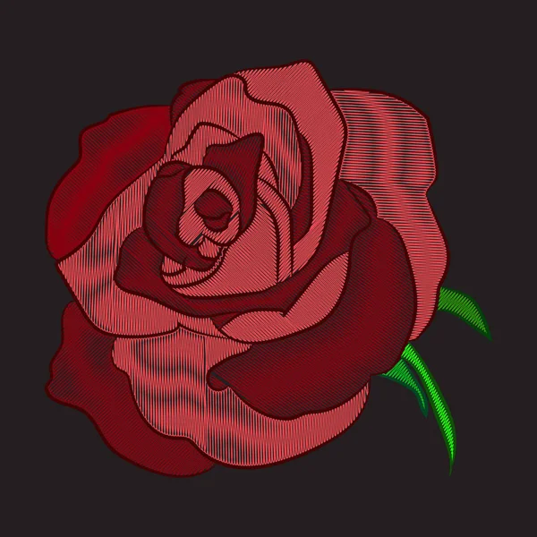 Broderie trandafir roșu pe fundal negru. Linie stoc vector illus — Vector de stoc