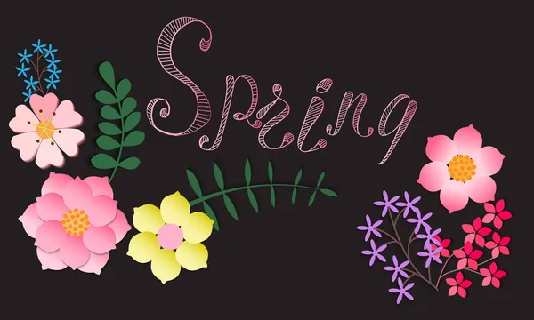 Spring postcard with painted flowers, spring lettering. Hand dra