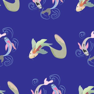Koi balıkları üzerinde mavi arka plan ile Seamless modeli. Vektör illust