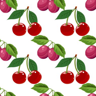 El çekilmiş kiraz ve Erik Dikişsiz desen beyaz arka plan üzerinde,