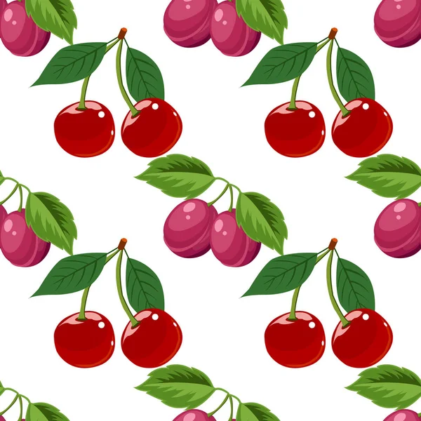 El çekilmiş kiraz ve Erik Dikişsiz desen beyaz arka plan üzerinde,