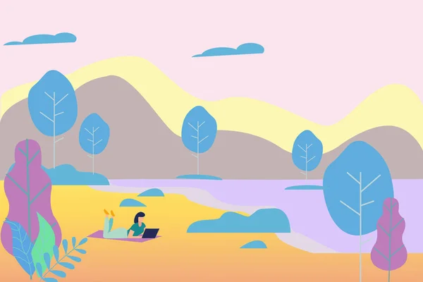 Paysage fantastique avec montagnes, mer aux couleurs violettes, vecteur — Image vectorielle