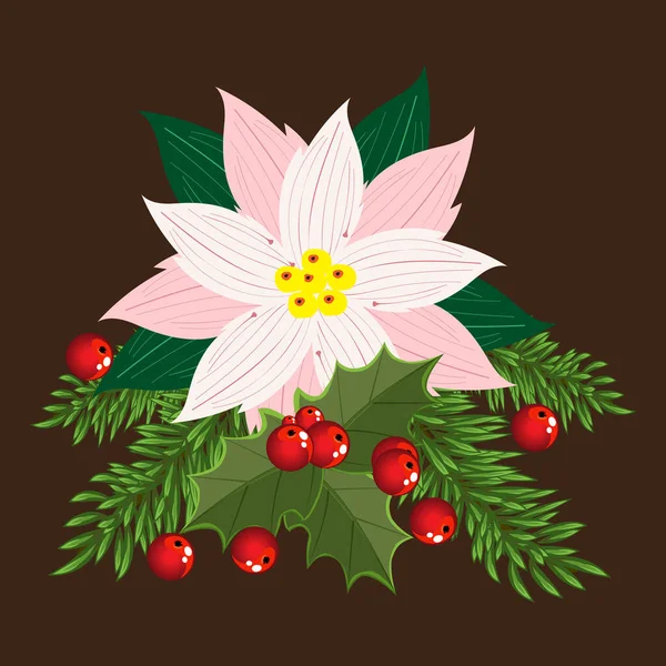 Arranjo de Natal, poinsettia, ramos de abeto, folhas de azevinho e bagas vermelhas de visco —  Vetores de Stock