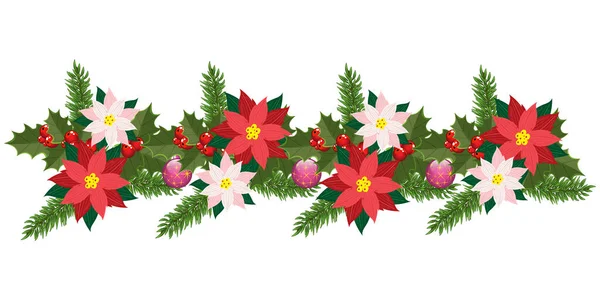 Guirnalda de flores de poinsettia, ramas de abeto, hojas de acebo, bayas rojas brillantes y bolas de Navidad — Vector de stock