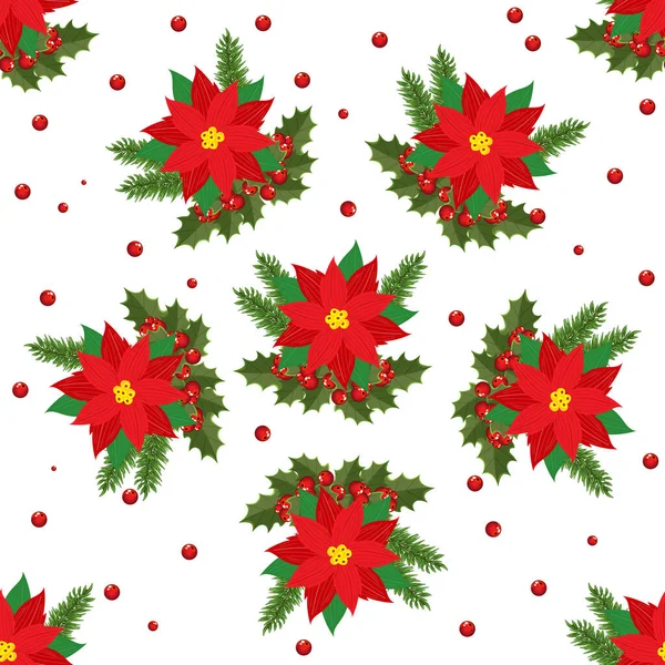 Um padrão sem costura de poinsettia brilhante e delicado e folhas de Holly e bagas de visco vermelho e galhos de árvore de Natal . —  Vetores de Stock