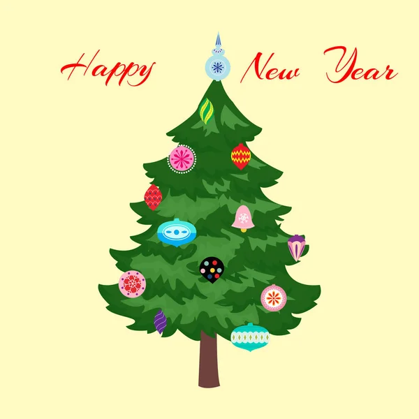 Χριστουγεννιάτικο δέντρο στολισμένο, χαρούμενη ευχετήρια κάρτα για το νέο έτος — Διανυσματικό Αρχείο