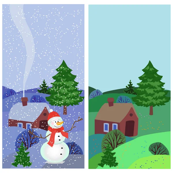 Cute greeting card with the village landscape in winter and summer — Stock Vector