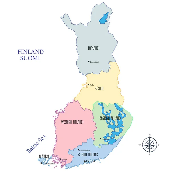 Toeristische kaart van Finland, administratieve districten en belangrijkste steden — Stockvector