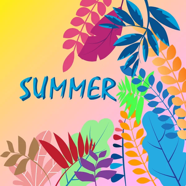 明るい熱帯の葉や要素と夏のベクトルイラスト 手描きの多色植物やレタリングプリント チラシ バナー 招待状 ソーシャルメディアに最適なエキゾチックな背景 — ストックベクタ