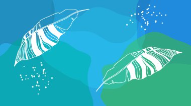 Tropikal izinler ve elementlerle yaz aylarında parlak vektör arka planı. Simüle edilmiş suluboya arka plan üzerine çizilmiş doğrusal egzotik bitkiler baskılar, el ilanları, afişler, davetiyeler ve sosyal ağlar için idealdir.