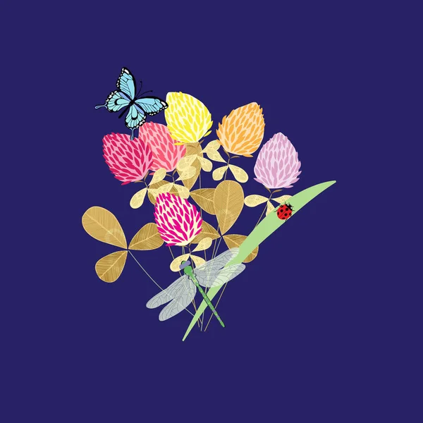 Bouquet Délicat Prairie Avec Fleurs Printanières Insectes Papillons Libellules Coléoptères — Image vectorielle