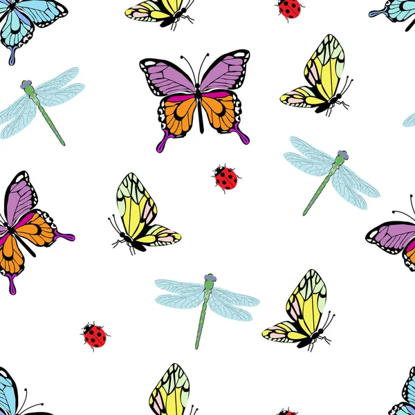 Wieseninsekten Schmetterlinge Libellen Und Käfer Nahtloses Frühlingsmuster Für Postkarten Verpackungen — Stockvektor