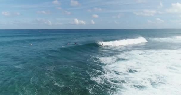 Surfer Aerial tracking shot on skilled male surfer riding a huge wave on a clear blue day at the ocean catching waves — Stock Video
