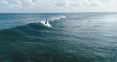Sörfçü hava takibi yetenekli erkek sörfçüyü okyanusta açık mavi bir günde dalgalarda sörf yaparken çekiyor. Dalgaları yakalıyor.