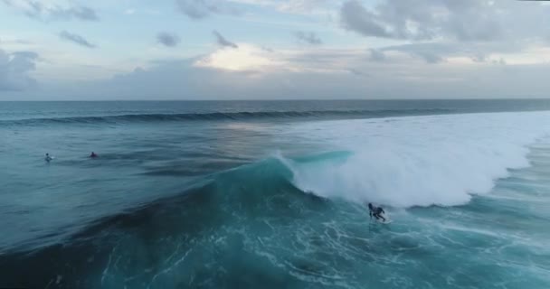 Surfař letecké sledování výstřel na zkušený samec surfař na koni obrovskou vlnu na jasný modrý den v oceánu chytání vln — Stock video