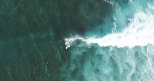 Top Down Aerial tracking shot on skilled male surfer riding a huge wave on a clear blue day at the ocean catching waves — Stock Footage Top Down Aerial tracking shot on skilled male surfer riding a huge wave on a clear blue day at the ocean catching waves Stock Video