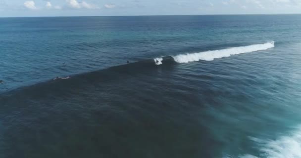 El rastreo aéreo de surfista disparó contra un experto surfista masculino que montaba una ola enorme en un día azul claro en las olas que capturaban el océano. — Vídeo de stock