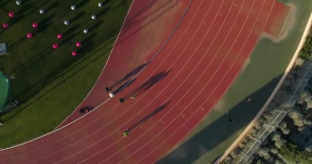 Aerial drone shot above athletic runway stadium. people jogging and challenge olympics competition and training. — Stock Video