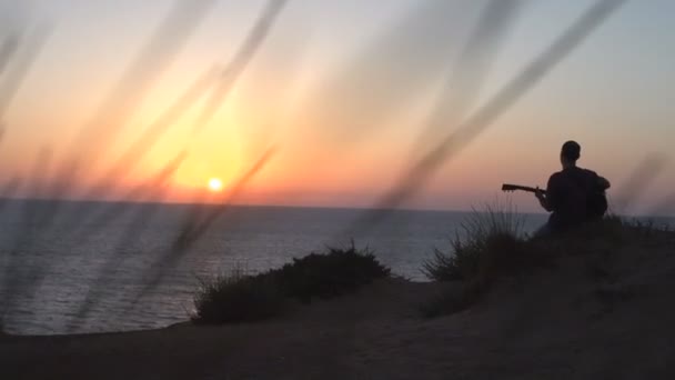 Silhueta de jovem compositor ao ar livre tocando guitarra acústica ao pôr do sol — Vídeo de Stock