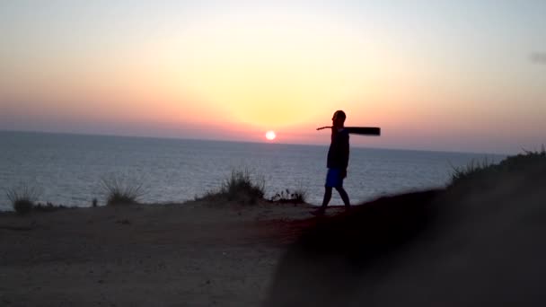 Silhueta de jovem compositor ao ar livre tocando guitarra acústica ao pôr do sol — Vídeo de Stock