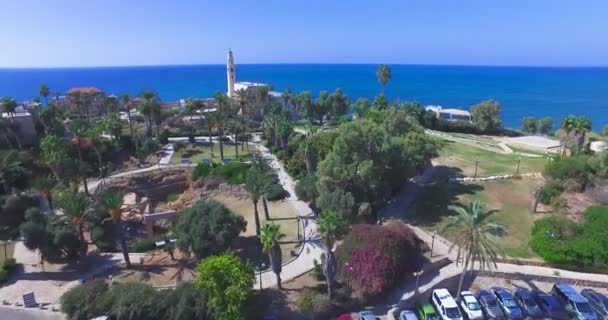 Fly from saint peters church in Jaffa to Tel Aviv beaches — Stock Video