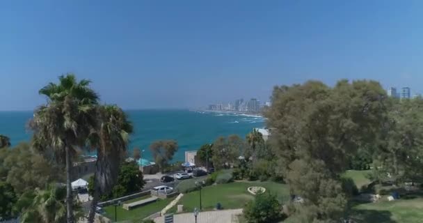 Israël Tel Aviv - Yafo, Jaffa. Vogels uitzicht met mediterrane zee, haven en stadslandschap gebouwen. — Stockvideo