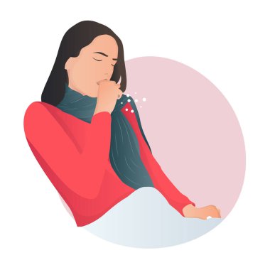 Düz vektör karakter çizimi kadın hasta öksürük ve ateş Coronavirus COVID-19 belirtileri gösteriyor. Web sitesi tasarımı, broşürler, afişler ve mobil uygulamalar gibi tüm ihtiyaçlar için uygundur