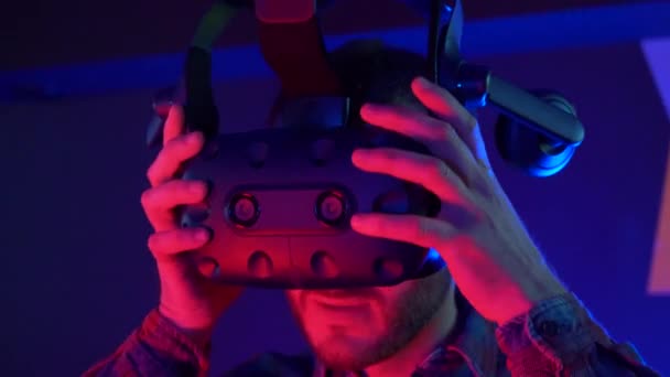 Futuristic Concept Close Man Using Augmented Reality Equipment Adult Enjoying — Stock Video