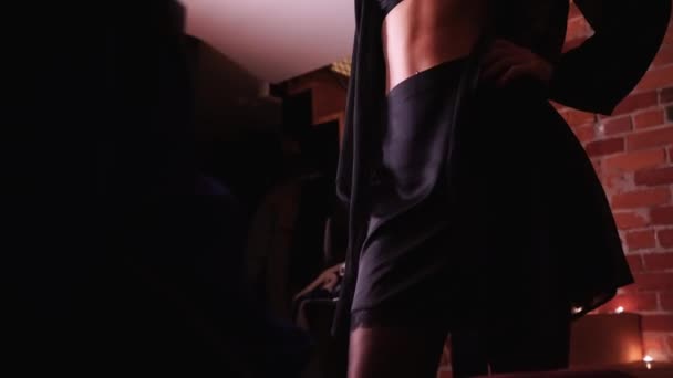 Sexy Female Dark Lingerie Being Playful Man Staring His Eyes — Stock Video