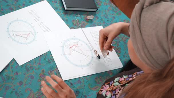 Μυστικίστρια Που Χρησιμοποιεί Αστρολογικά Διαγράμματα Και Αριθμητικούς Χάρτες Μάγος Χρησιμοποιώντας — Αρχείο Βίντεο