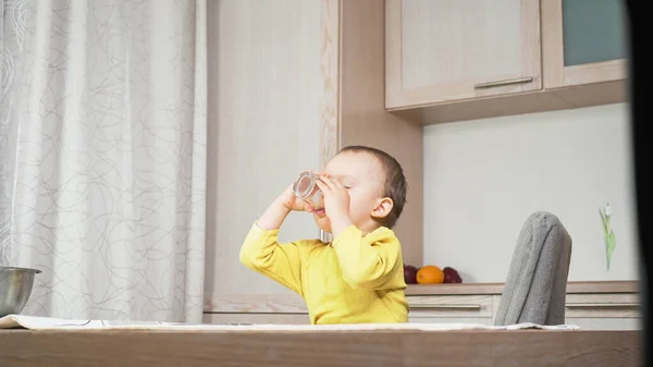 Funny Little Toddler Boy Drinking Kitchen Little Boss — Stock Photo, Image