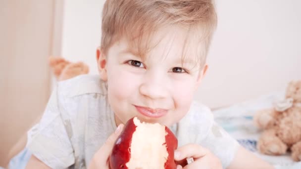 Schöne Kinderzähne Lächeln Und Essen Apfel Netter Junge Lacht Porträt — Stockvideo