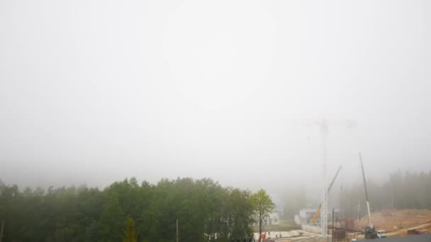 Aerial Timelapse Construction Site Red White Tower Crane Truck Crane — Stock Video