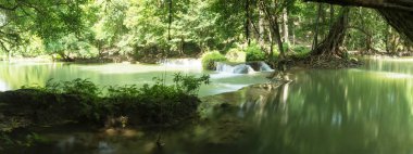 Chet Sao Noi Waterfall in tropical rainforest with rock and turquoise blue pond has 7 tiers, Seven leveled falls are one of most beautiful waterfalls in Thailand.  Namtok chet saonoi National Park