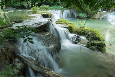 Chet Sao Noi Waterfall in tropical rainforest with rock and turquoise blue pond has 7 tiers, Seven leveled falls are one of most beautiful waterfalls in Thailand.  Namtok chet saonoi National Park