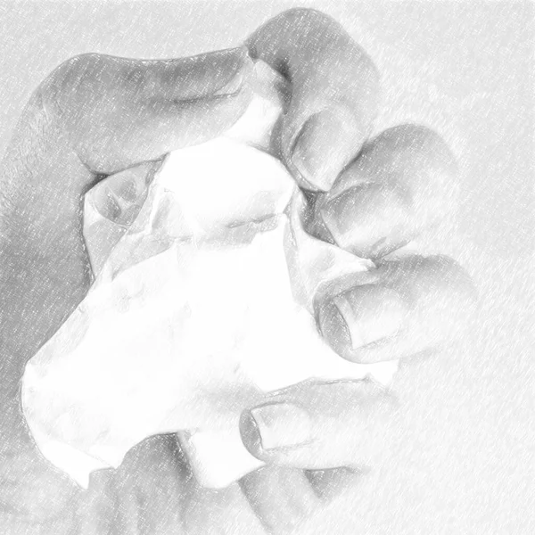 A woman's hand holds a crumpled paper ball with a copy of space on a gray background. Dogital sketch. Crumpled paper in hand, hand and crumpled paper, on a white background — Stockfoto