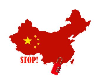 Çin Halk Cumhuriyeti haritasında küçük kırmızı şatosu ve yazıtları olan ülke silueti var. 2019 Roman Coronavirus 2019-ncov konsepti