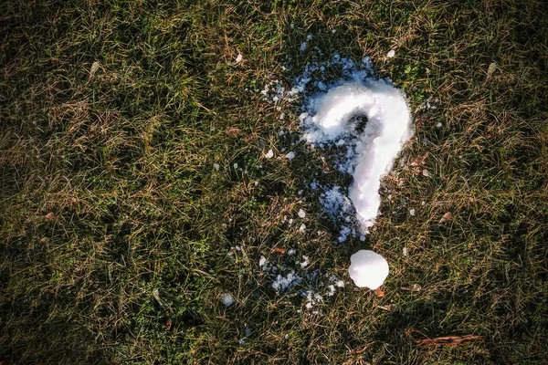 The question mark from the snow on the grass, close-up, copy space.